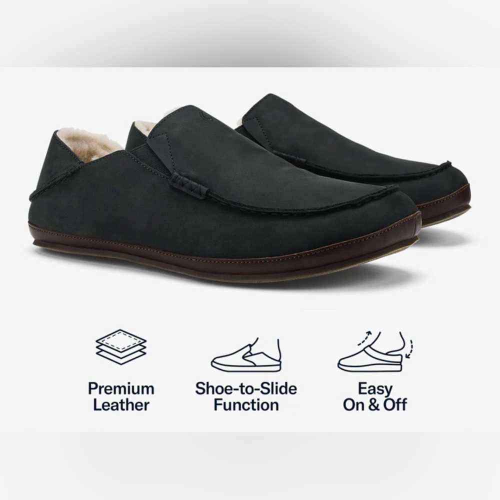 OluKai Moloa Slipper Men's Black Leather Loafers
